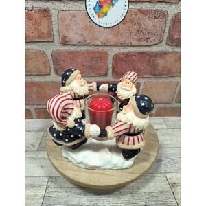 2002 Home Interiors Dancing Santas Red White Blue USA Candleholder 6.5” x 4.5"